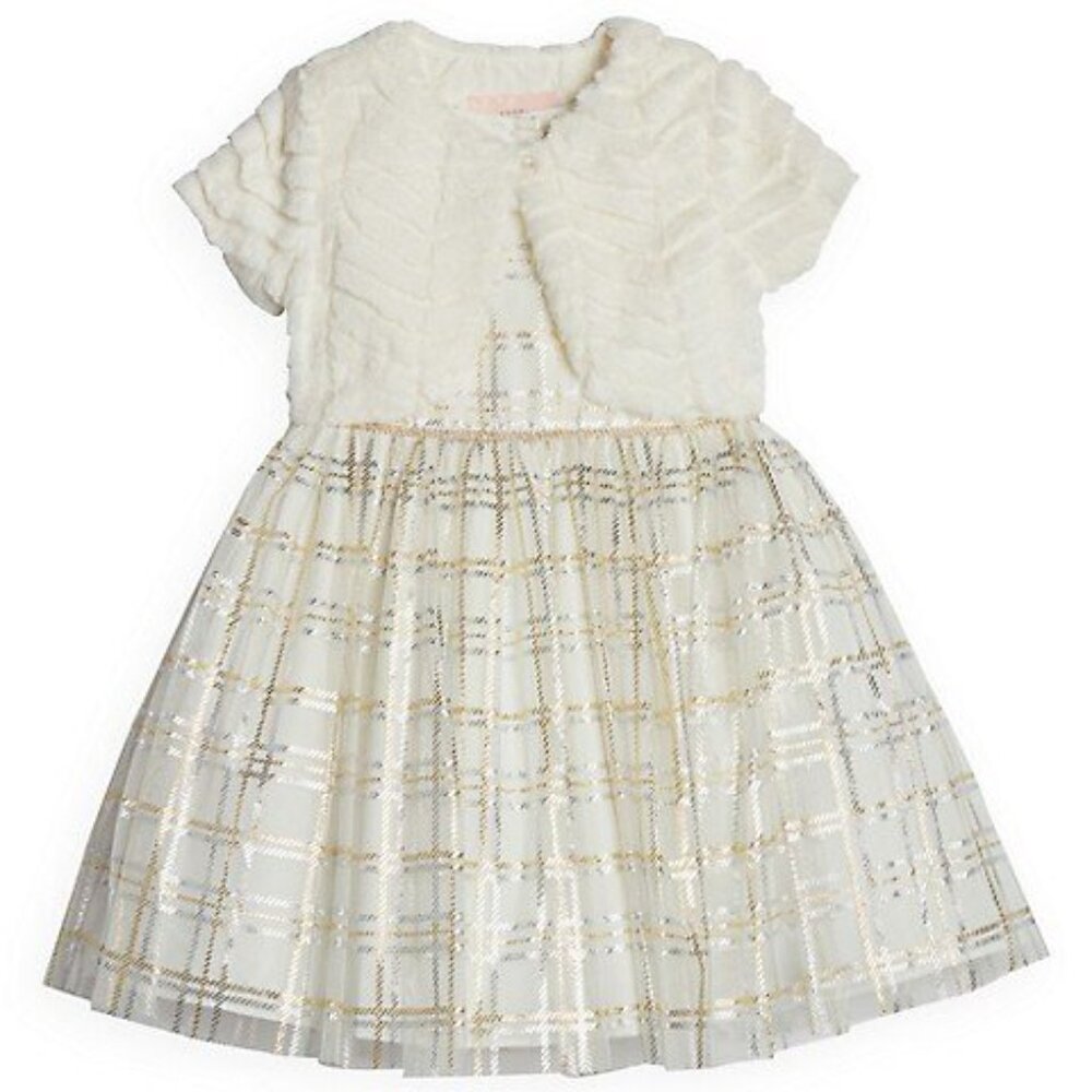 Pastourelle Little Girl's Foil Plaid-Print Dress & Faux Fur Jacket 2-Piece Set